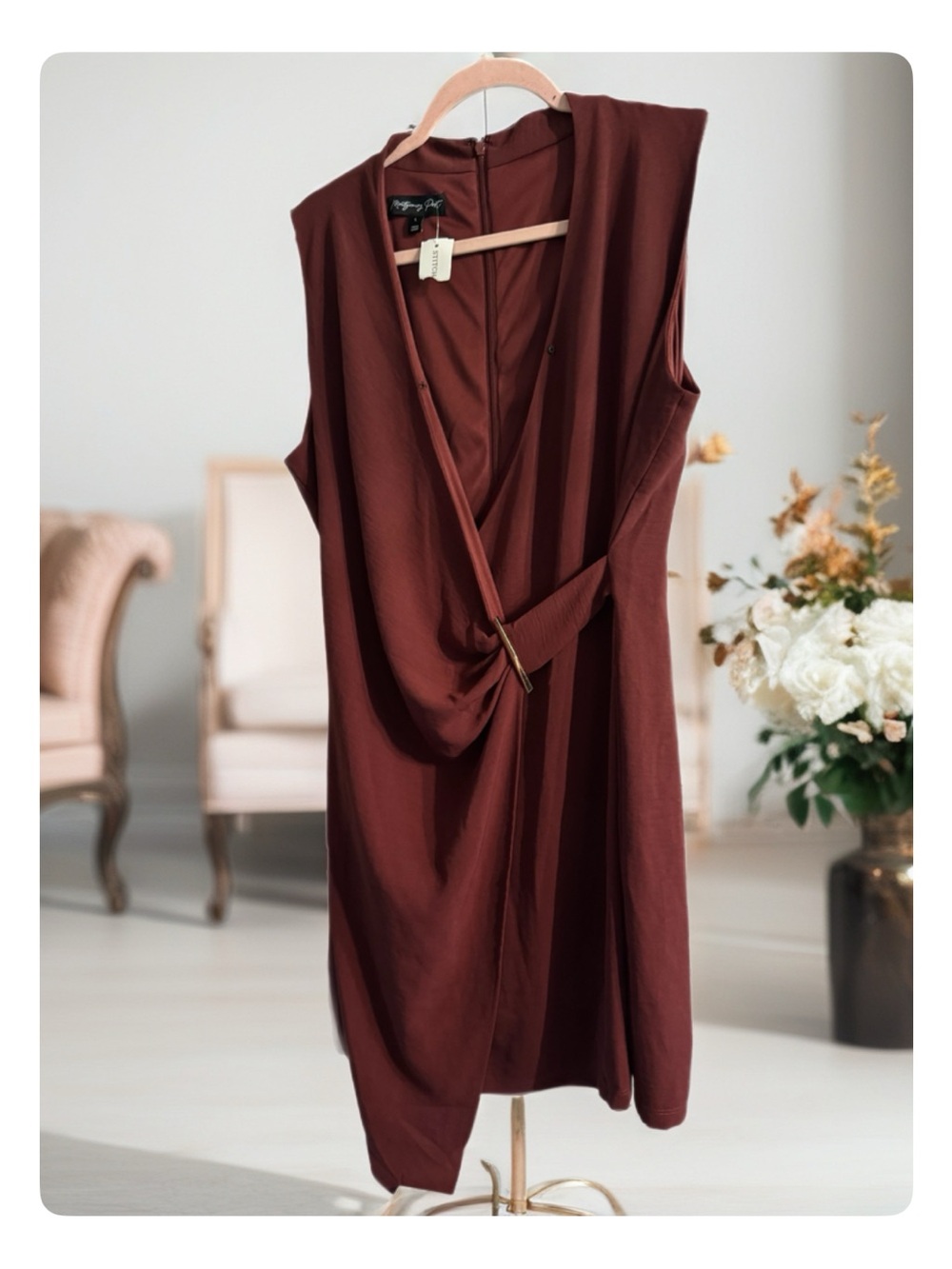 Sleeveless Draped Wrap Dress — Rust with open Front and Gold Embellishment